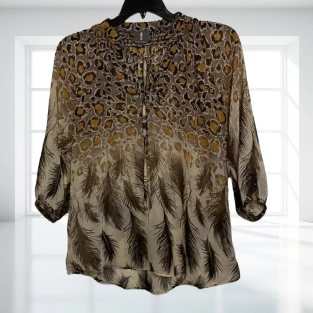 i Jeans by Buffalo Animal Print Sheer Gold Fleck Blouse Top Medium Flowy Boho - Picture 2 of 16